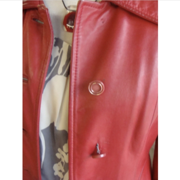 red LEATHER COAT vintage trench jacket S - Picture 8 of 11